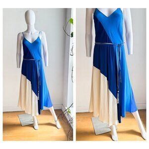 Vintage Tristan Blue Ivory Colour block SILK Midi Dress XS